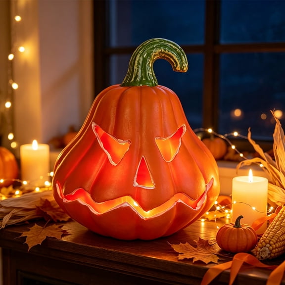 LED Halloween Carved Pumpkin Lanterns, Colored Light, Scary Face, Plastic Lighted Pumpkin Lanterns for Halloween, Carved Scary Faces, For Desk Table Garden Indoor Outdoor, Battery Operated