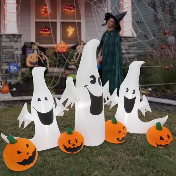 LED Halloween Inflatable 7.5ft Ghost-Pumpkin Cluster, 210T Durable Fabric, Plug & Play, Nighttime Illumination, Weather-Resistant, Easy Carry, Porch, Patio, Holiday Scene Setter, 2.2 lbs Net