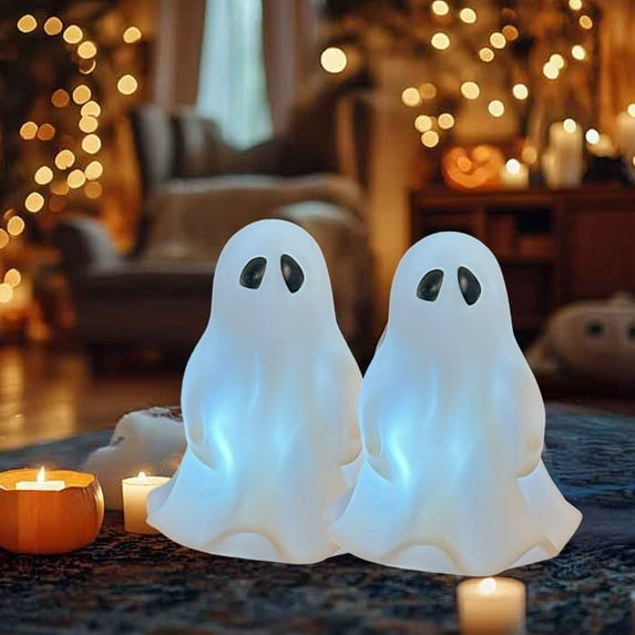 LED Halloween Lantern Lights Set of 2,Cute Spooky Ghost Decor with Warm White Glow,Battery Operated Hanging Indoor Outdoor Party Decorations for Halloween Christmas Home Fireplace Table Centerpiece
