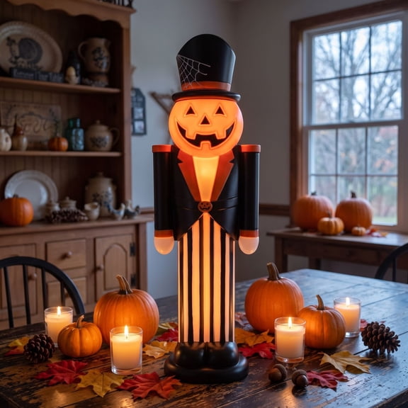 LED Halloween Nutcracker Blow Mold Indoor Fall Decor, Light Up Jack O Lantern Pumpkin Nutcracker Figurine, Small Glowing Table Statue for Halloween Dinner Party Mantel