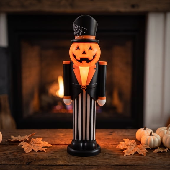 LED Halloween Nutcracker Blow Mold Indoor Fall Decor, Light Up Jack O Lantern Pumpkin Nutcracker Figurine, Small Glowing Table Statue for Halloween Dinner Party Mantel