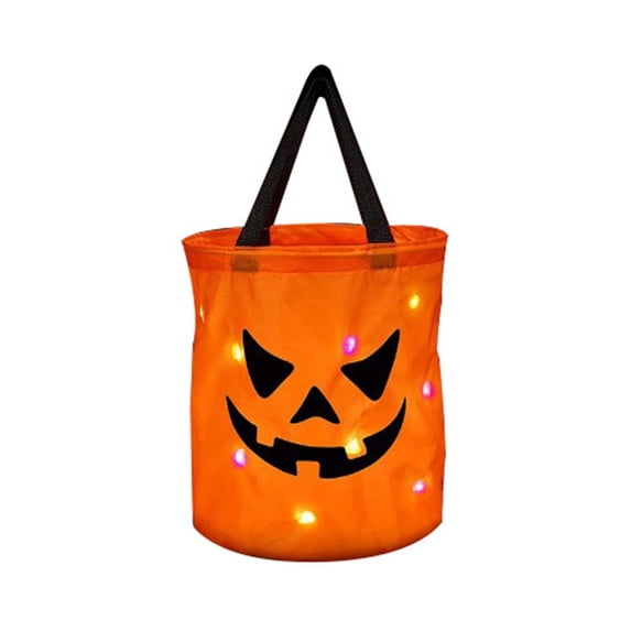 LED Halloween Pumpkin Candy Bag for Kids, Light Up Trick or Treat Bucket, Reusable Polyester Candy Tote with Smiling Jack O Lantern Face, Halloween Party Favor Bag for Candy, Toys & Night Events