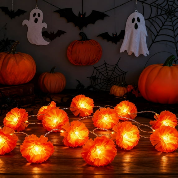 LED Halloween String Lights, Chrysanthemum and Ghost Festival Decorative Marigold Lights, Cemetery or Outdoor Festival Modeling Lights for Autumn