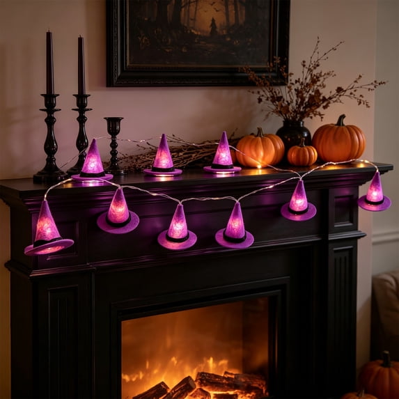 LED Halloween String Lights, Witch Hat Shaped Glowing Holiday Garland, Purple Decorative Lighting Set for Indoor Outdoor Party, Yard, Window, and Mantel Display