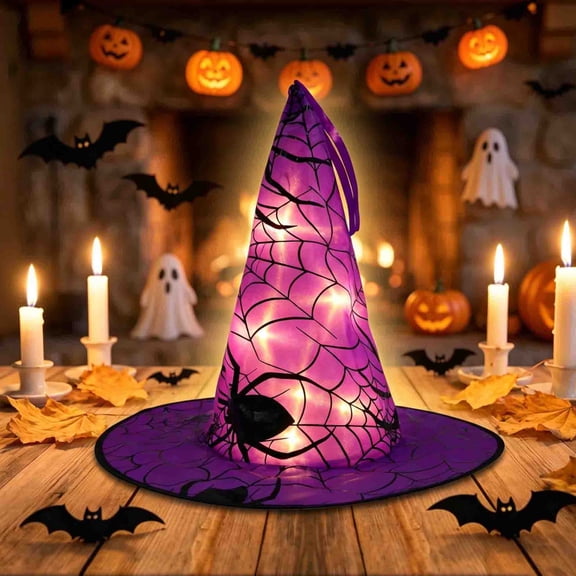 LED Halloween Witch Hat String Lights, Battery Operated Spider Web Witch Hat Lamp Indoor Spooky Party Table Mantel Decor Light