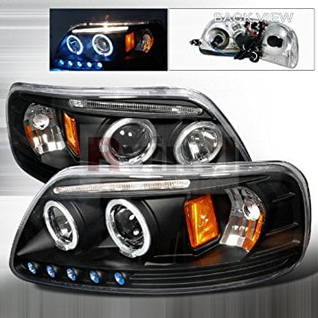 LED Halo Projector Headlight In Black Housing Clear Lens Made For And Compatible With 1997 - 2003 Ford F150 F-150 Expedition 97 98 99 00 01 02 03