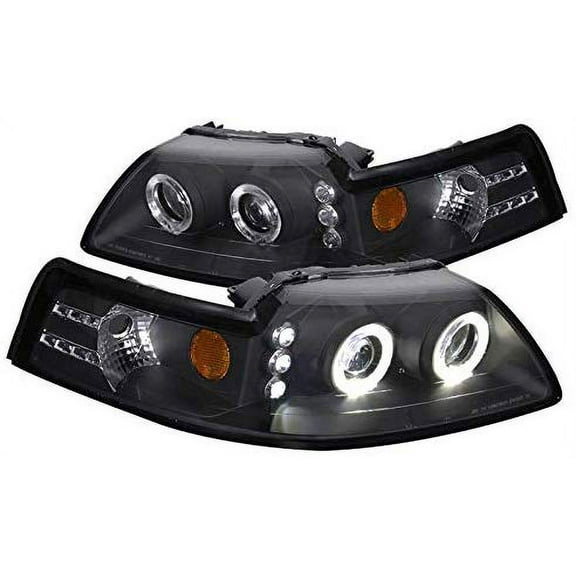 LED Halo Projector Headlight In Matte Black Housing Clear Lens Made For And Compatible With 1999 - 2004 Ford Mustang 99 00 01 02 03 04