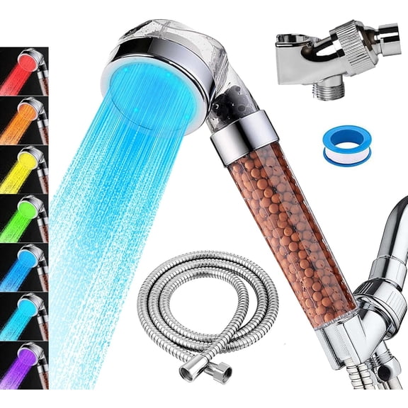LED Handheld Shower Head Set with Filtration, Automatic 7-color Changing Shower Head Kit, High Pressure Handheld Shower Head with Hose and Bracket, Water Saving Showerheads with Filtration Beads