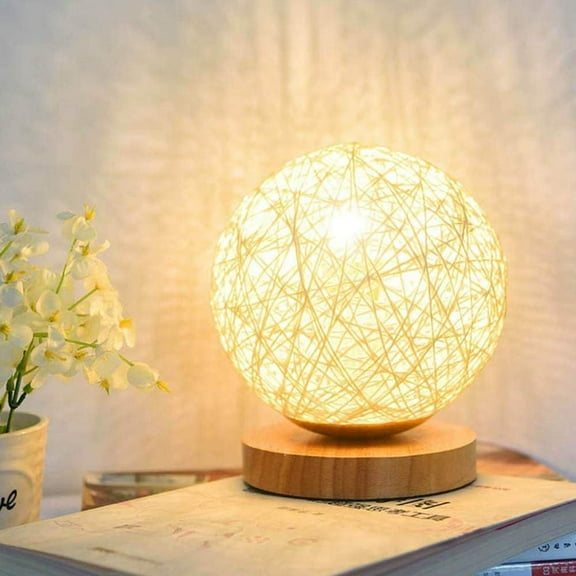 LED Handmade Woven Rattan Ball Wooden Table Lamp, Bedside Lamp, Night Lamp Modern Creativity, Bedroom, Dining Room, and Living Room Artistic Decoration Lighting