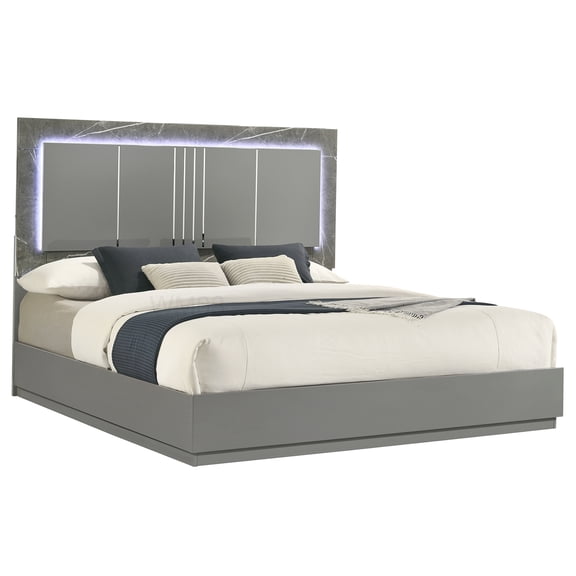 LED Headboard Queen Bed Frame, Gray High-Gloss Marble Texture, Metal Support Legs, Low Profile Base for Mattress Foundation