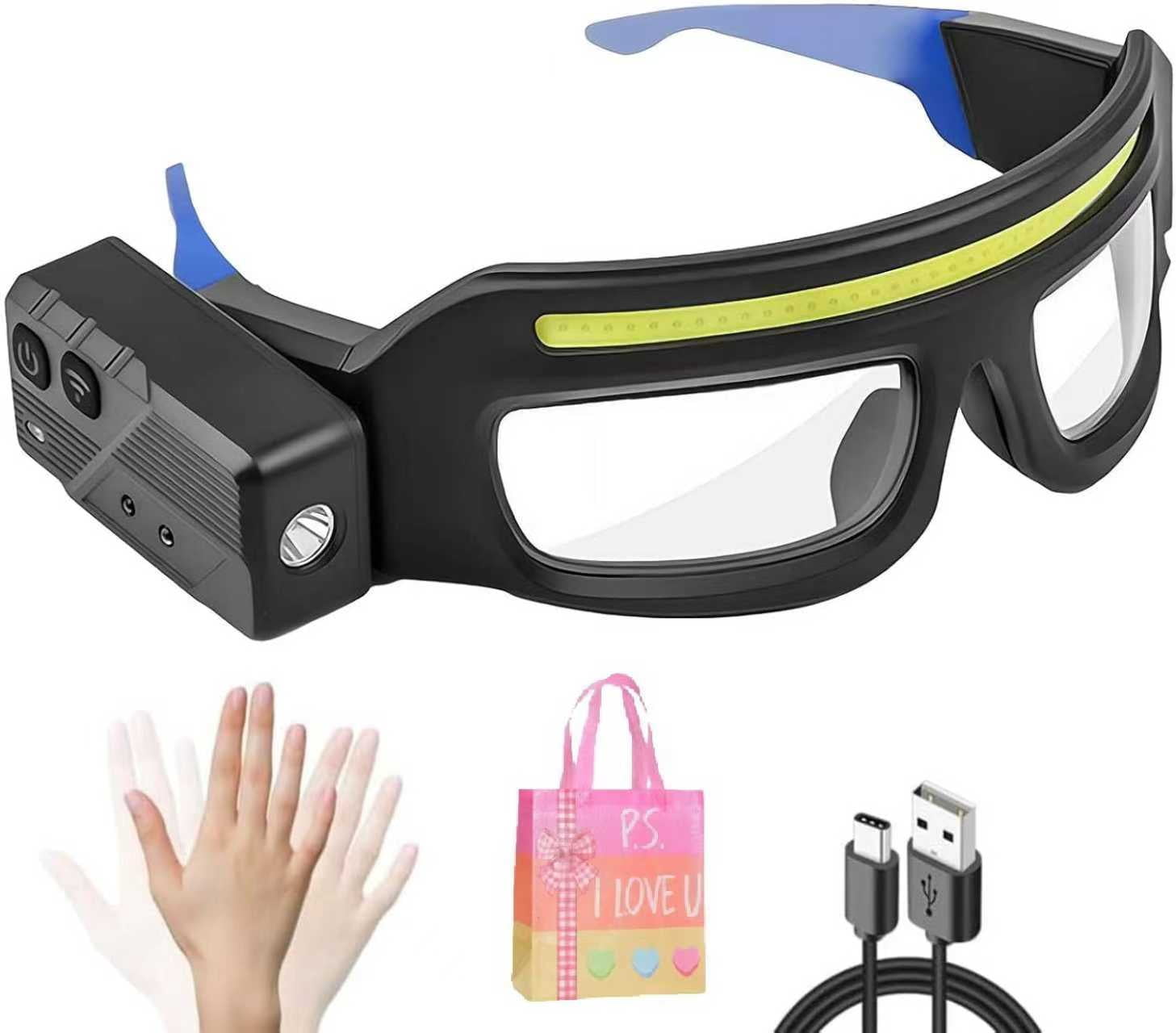 LED Headlamp Glasses with Motion Sensor – Rechargeable Hands-Free Light, 500 Lumens, 5 Modes, USB-C, IPX4, for Running, Cycling, Camping, Hiking, Fishing(XX)