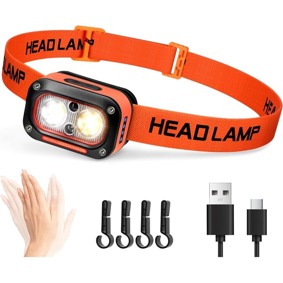 LED Headlamp High Lumens USB Rechargeable Dual Light Headlight for Hardhat with Motion Sensor, Red Warning Light Up/Down Adjustable, Waterproof Head Lamps for Camping, Car Maintenance