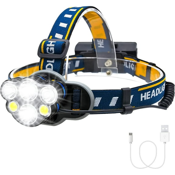 LED Headlamp Rechargeable, 1000 High Lumen Headlight, 6 LEDs 8 Light Modes, Adjustable Headband, Lightweight IPX4 Waterproof Flashlight with Red Light for Outdoors Camping, Running