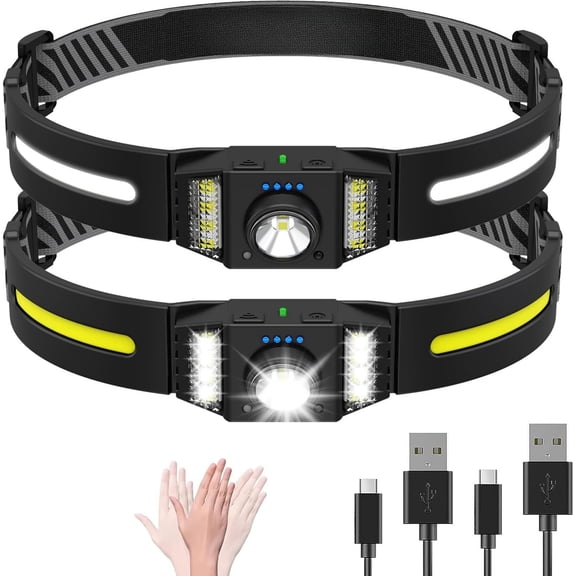 LED Headlamp Rechargeable 2 count, Wide Beam Bright Headlight Flashlight with White Red Light, Lightweight, Weatherproof, 9 Modes Motion Sensor Lamp for Outdoor Camping Running