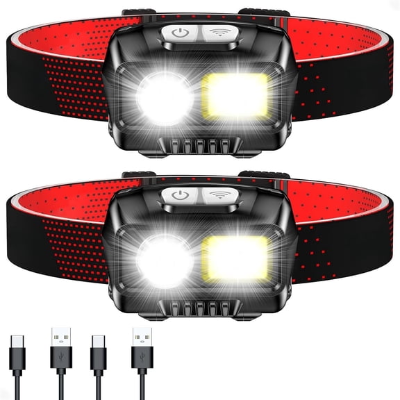 LED Headlamp Rechargeable,2000L High Lumen Super Bright Dimmable Headlight Flashlight with Motion Sensor- 8 Modes,Spotlight&Floodlight,IPX5 for Camping,Hiking,Running,Fishing -2 Pack