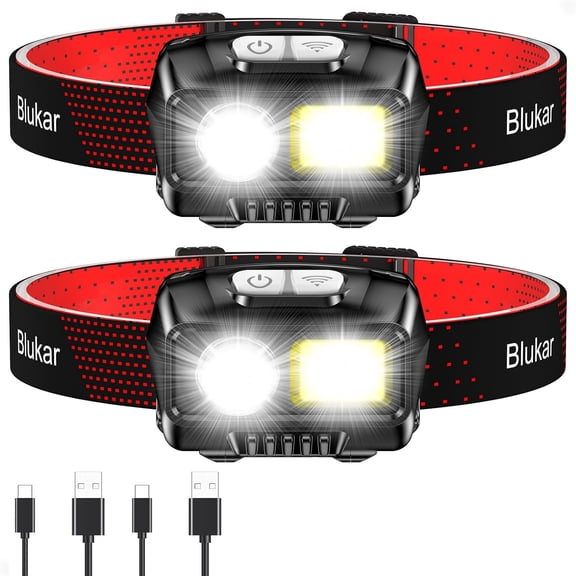 LED Headlamp Rechargeable,2000L High Lumen Super Bright Dimmable Headlight Flashlight with Motion Sensor- 8 Modes,Spotlight&Floodlight,IPX5 Waterproof for Camping,Hiking,Running,Fishing -2 Pack