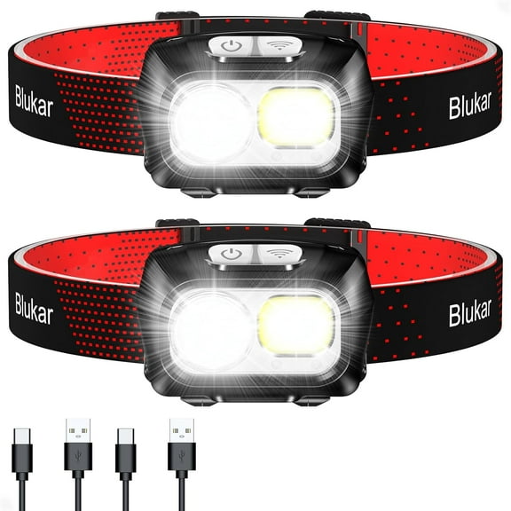 LED Headlamp Rechargeable,2000L Super Bright Headlight with Motion Sensor -Dimmable Brightness,8 Modes,Spotlight&Floodlight&Red Light Combination,IPX5 Waterproof for Hiking,Camping - 2 Pack