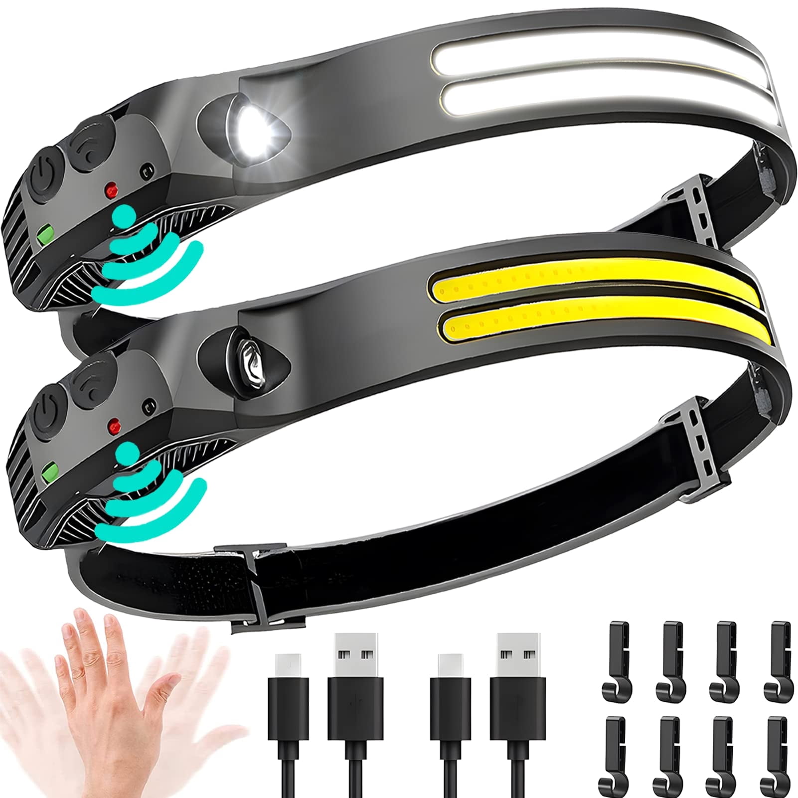 LED Headlamp Rechargeable 2PCS - 230° COB Super Bright Head Lights for Forehead, Hard hat Light for Adults, USB C Headband Flashlight for Work,Hiking,Running,Camping