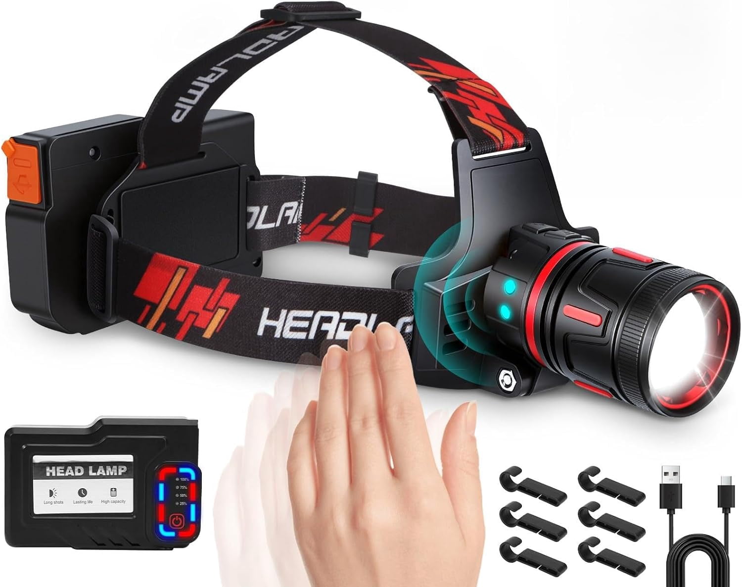 LED Headlamp Rechargeable High Lumens, Waterproof Headlights Super Bright with 8 Modes & IPX6 Long Runtime Warning Light, Motion Sensor Head Lamp 120° Adjustable for Adult Camping Running