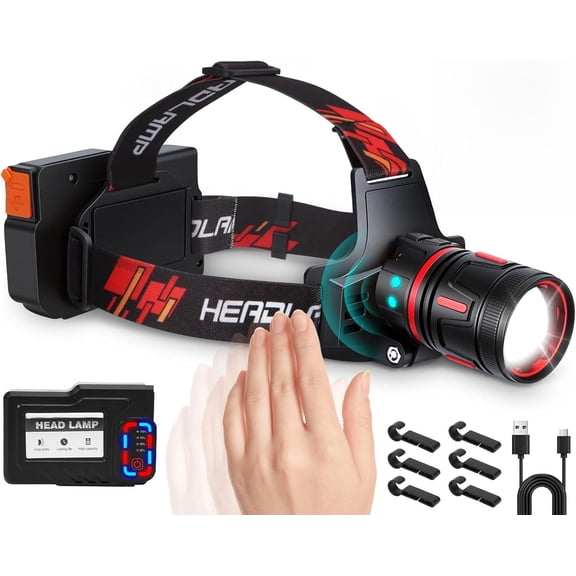 LED Headlamp Rechargeable High Lumens, Waterproof Headlights Super Bright with 8 Modes & IPX6 Long Runtime Warning Light, Motion Sensor Head Lamp 120 Adjustable for Adult Camping Running