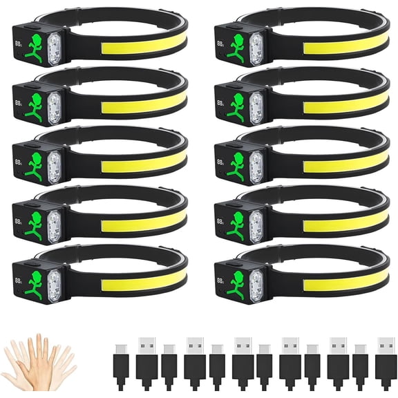 LED Headlamp Rechargeable, Motion Sensor 230 COB Head Lamp, Headlights for Forehead, Hard hat Light for Adults, LED Headband Flashlight for Work, Running, Hiking, Camping Essentials Gear (10)