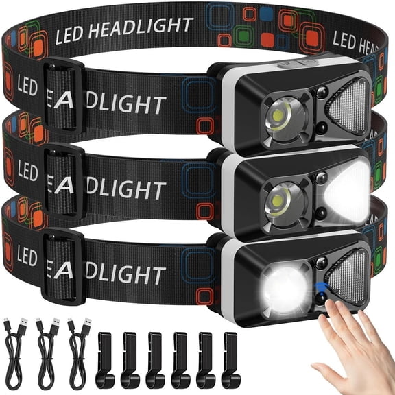 LED Headlamp Rechargeable with Motion Sensor, Headlamps for Adults Rechargeable with White Red Light  6 Modes for Outdoor Camping Running Hard Hat Fishing Repair, 3 Pack