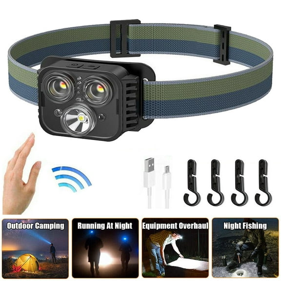 LED Headlamp Rechargeable Motion Sensor Torch Flashlight Waterproof USB Headlights with Adjustable Headband for Night Jogging Camping for Adults and Kids