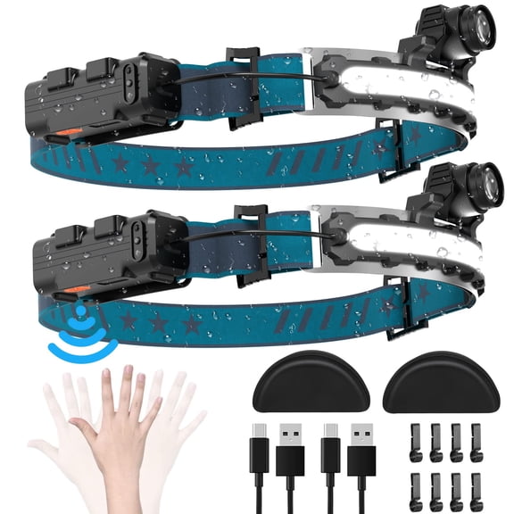 LED Headlamp Rechargeable, Super Bright 1000 Lumens 270 Wide Beam Headlamp with Motion Sensor,6 Lighting Modes, IPX4 Waterproof Head Lamp Suitable for Camping, Hiking, Working Hard Hat Headlight 2pc