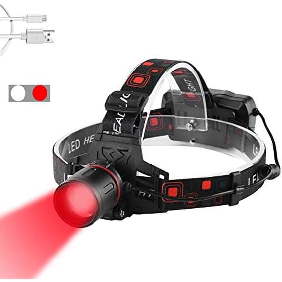 LED Headlamp with Red and White Light, Tactical Hunting Headlamps Red Light Headlight Zoomable Head Torch for Hunting, Night Vision, Astronomy, Camping