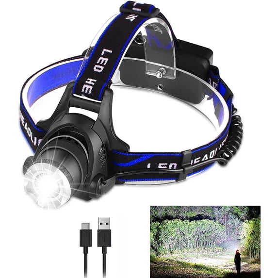 LED Headlamp USB Rechargeable, Head Lamp XHP70 Super Bright 90000 High Lumen with 5 Modes, Batteries Included, Zoomable, Waterproof Headlight for Camping Hunting Running Fishing Biking