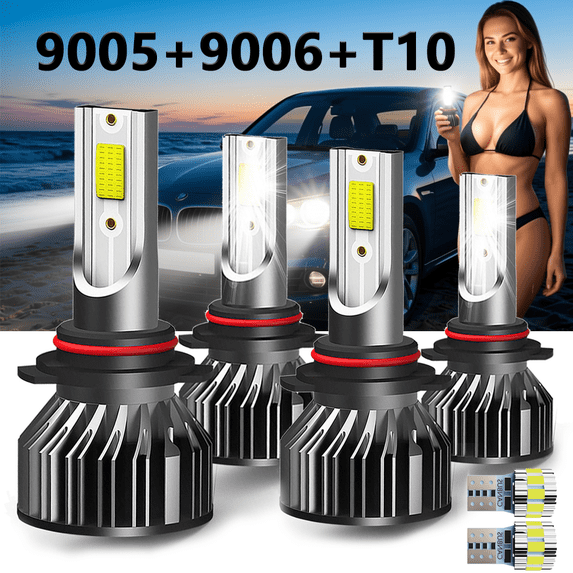 LED Headlight Bulb For 1996-2005 Cadillac DeVille,9005 High Beam + 9006 Low Beam,T10 License Plate Light,Replacement OEM,6500K White,Plug and Play,Pack of 6
