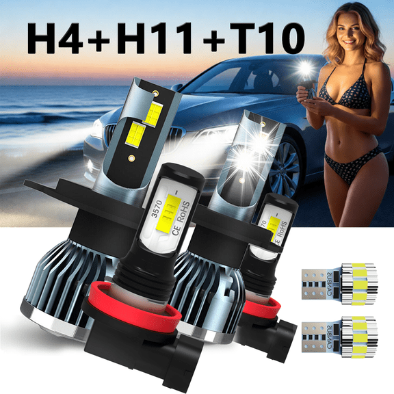 LED Headlight Bulb For 2004-2006 Mazda MPV,H4 High/Low Beam + H11 Fog Light Bulbs,T10 License Plate Light,Replacement OEM,6500K White,Plug and Play,Pack of 6