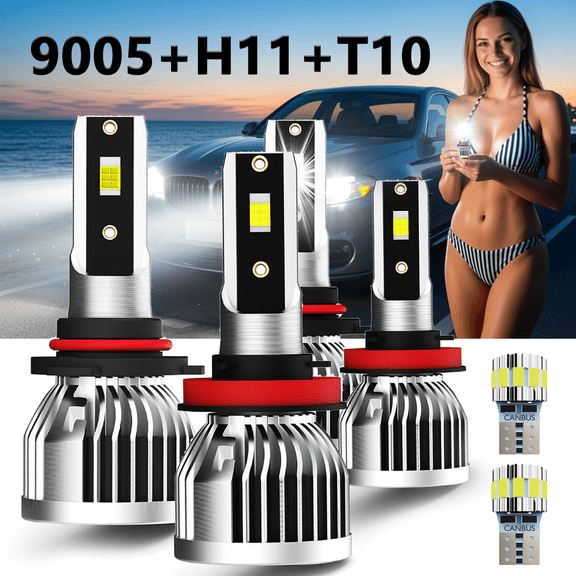 LED Headlight Bulb For 2004 Mitsubishi Lancer,9005 High Beam + H11 Low Beam,T10 License Plate Light,Replacement OEM,6500K White,Plug and Play,Pack of 6
