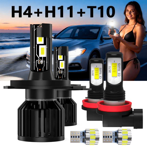LED Headlight Bulb For 2005-2008 Kia Sportage,H4 High/Low Beam + H11 Fog Light Bulbs,T10 License Plate Light,Replacement OEM,6500K White,Plug and Play,Pack of 6