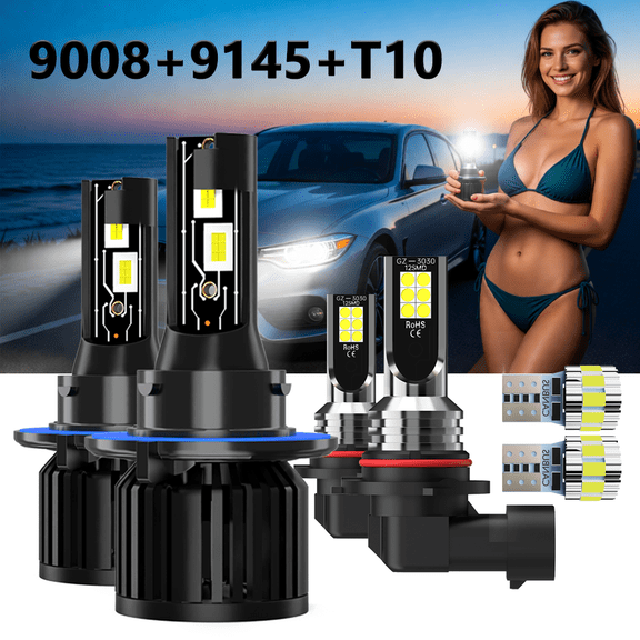 LED Headlight Bulb For 2005 Ford Excursion,9008/H13 High/Low Beam + 9145 Fog Light Bulbs,T10 License Plate Light,Replacement OEM,6500K White,Plug and Play,Pack of 6