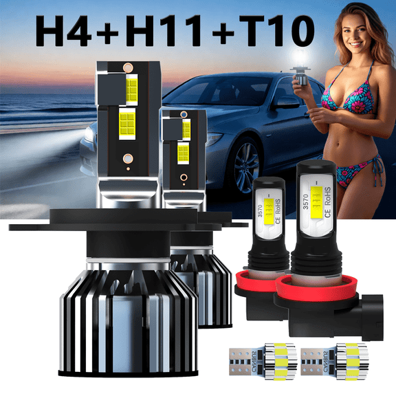 LED Headlight Bulb For 2007-2009 Renault Kangoo,H4 High/Low Beam + H11 Fog Light Bulbs,T10 License Plate Light,Replacement OEM,6500K White,Plug and Play,Pack of 6