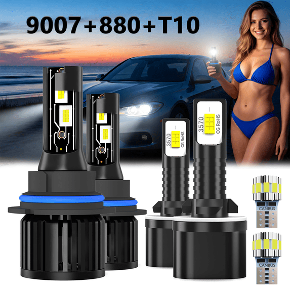 LED Headlight Bulb For 2007 Ford E-350 Econoline,9007 High/Low Beam + 880 Fog Light Bulbs,T10 License Plate Light,Replacement OEM,6500K White,Plug and Play,Pack of 6