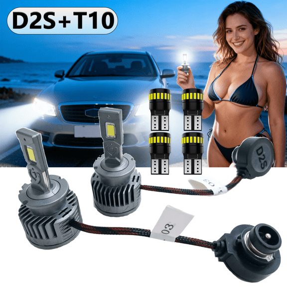 LED Headlight Bulb For 2009-2014 Nissan GT-R,D2S High Low Beam,T10 License Plate Light,Replacement OEM,6500K White,Plug and Play,Pack of 6(2*D2S+4*T10)