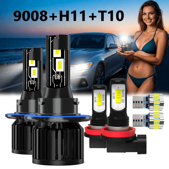 LED Headlight Bulb For 2013-2015 Chevrolet Spark,9008/H13 High/Low Beam + H11 Fog Light Bulbs,T10 License Plate Light,Replacement OEM,6500K White,Plug and Play,Pack of 6
