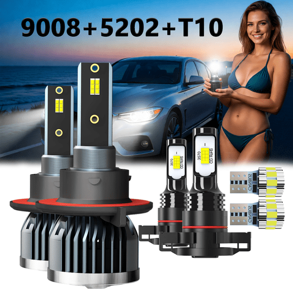 LED Headlight Bulb For 2016-2020 Chevy Spark,9008/H13 High/Low Beam + 5202/H16 Fog Light Bulbs,T10 License Plate Light,Replacement OEM,6500K White,Plug and Play,Pack of 6