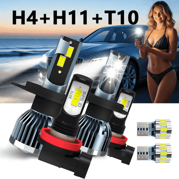 LED Headlight Bulb Combo For 2019 Renault Kangoo,Include 2 pcs H4 High/Low Beam,2 pcs H11 Fog Light Bulbs,2 pcs T10 License Plate Light