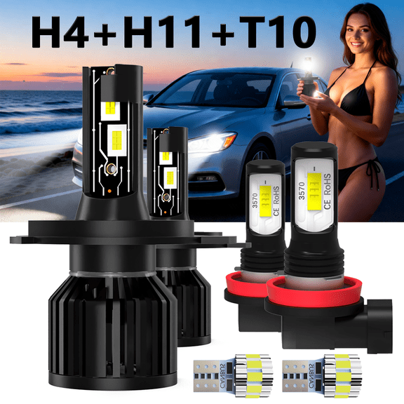 LED Headlight Bulb For 2019 Scania SERIE K,H4 High/Low Beam + H11 Fog Light Bulbs,T10 License Plate Light,Replacement OEM,6500K White,Plug and Play,Pack of 6