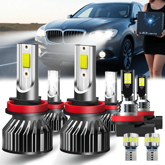 LED Headlight Bulb Combo For Ford Transit Connect 2015-2019,Direct Plug and Play,H11 High Beam,H11 Low Beam,H11 Fog Light,T10 License Plate Light,Car OEM Replacement,Pack of 8