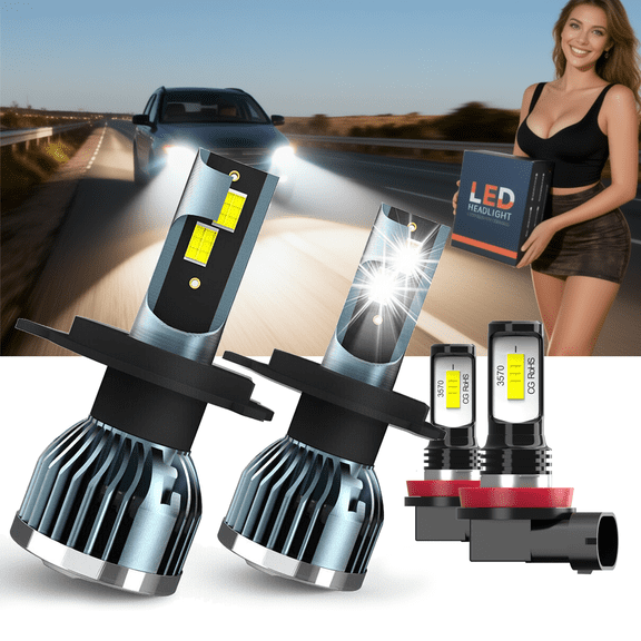 LED Headlight Bulb For 2020 Peterbilt 389,H4 High Low Beam + H11 Fog Light,Replacement OEM,6500K White,Plug and Play,Pack of 4