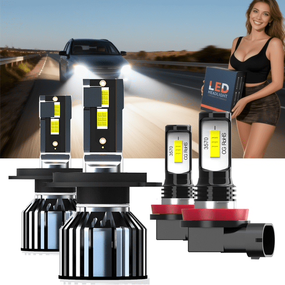 LED Headlight Bulb For 2020 Peterbilt 389,H4 High Low Beam + H11 Fog Light,Replacement OEM,6500K White,Plug and Play,Pack of 4