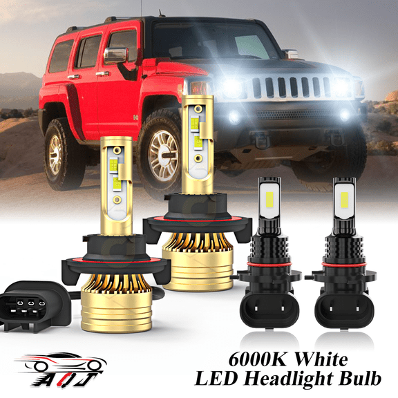LED Headlight Bulb for Hummer H3 2006-2010 H3T 2009-2010 - 100,000LM Super-Bright 6000K White, High Low Beam + Foglight Bulbs Combo，Plug & Play, Pack of 4