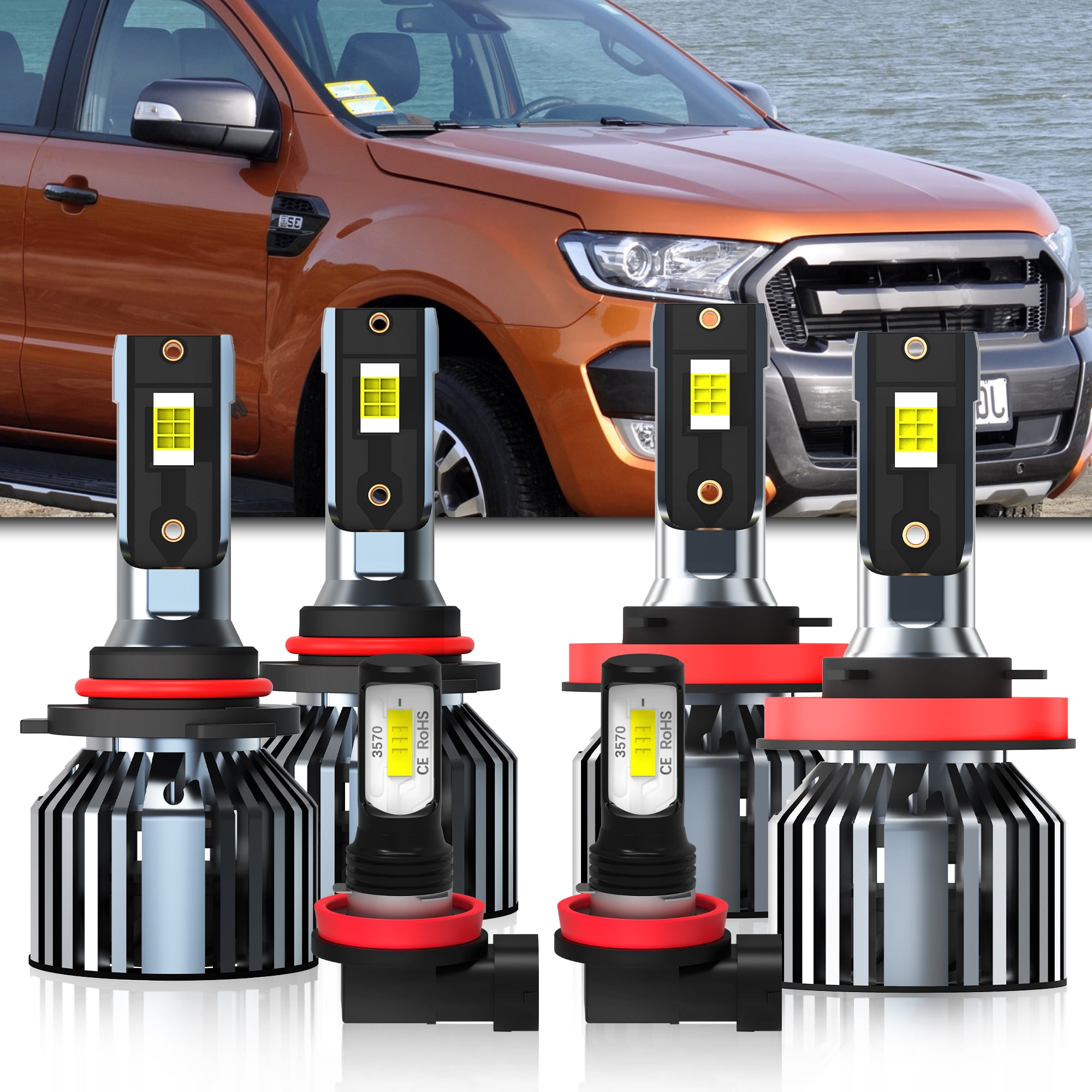 LED Headlight Bulbs Fit for Ford Ranger 2019-2022,9005/HB3 High Beam + H11/H8/H9 Low Beam Bulbs + H11/H8/H9 LED Fog Light Bulb,6000K Cool White,Plug and Play with Cooling Fan,Pack of 6