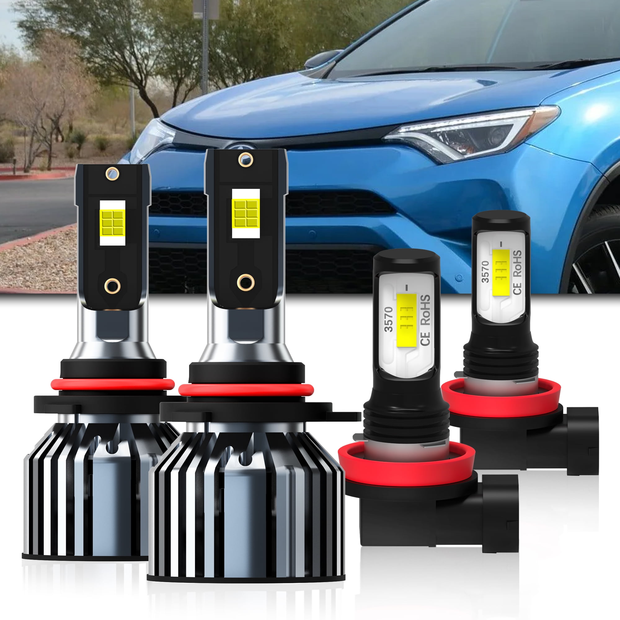 LED Headlight Bulbs Fit for Toyota RAV4 2016-2018,9012 High/Low Beam Bulbs + H11/H8/H9 LED Fog Light Bulb,6000K Cool White,Plug and Play with Cooling Fan,Pack of 4