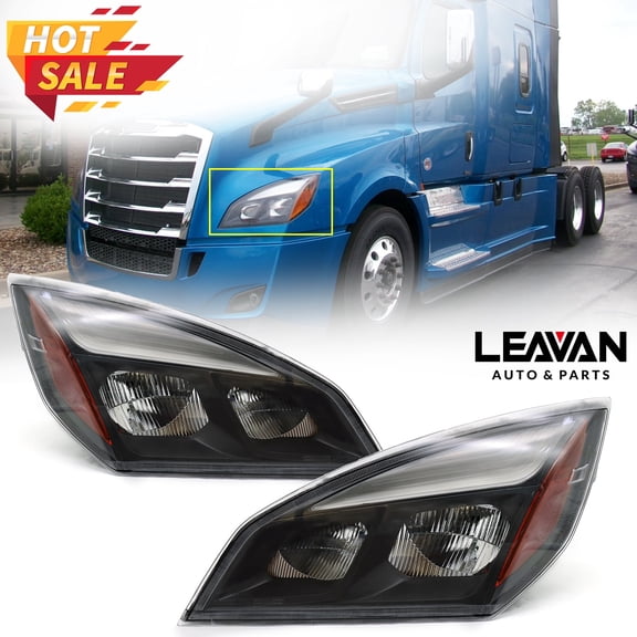 Leavan Full LED Black Pair Headlights Assembly Fit for Freightliner Cascadia 2018-2024, Headlamps Head Light Lamp Housing