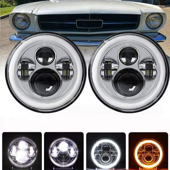 LED Headlights Ford Mustang 1965-1978 7" Black Halo Angel Eye Ring Pair